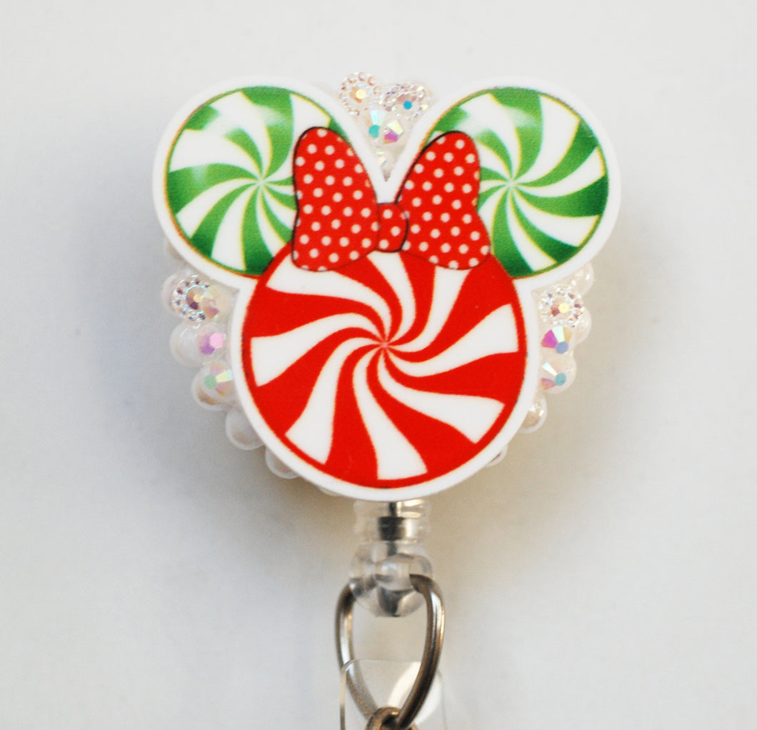 Minnie Mouse Christmas Candy Swirl Retractable ID Badge Reel