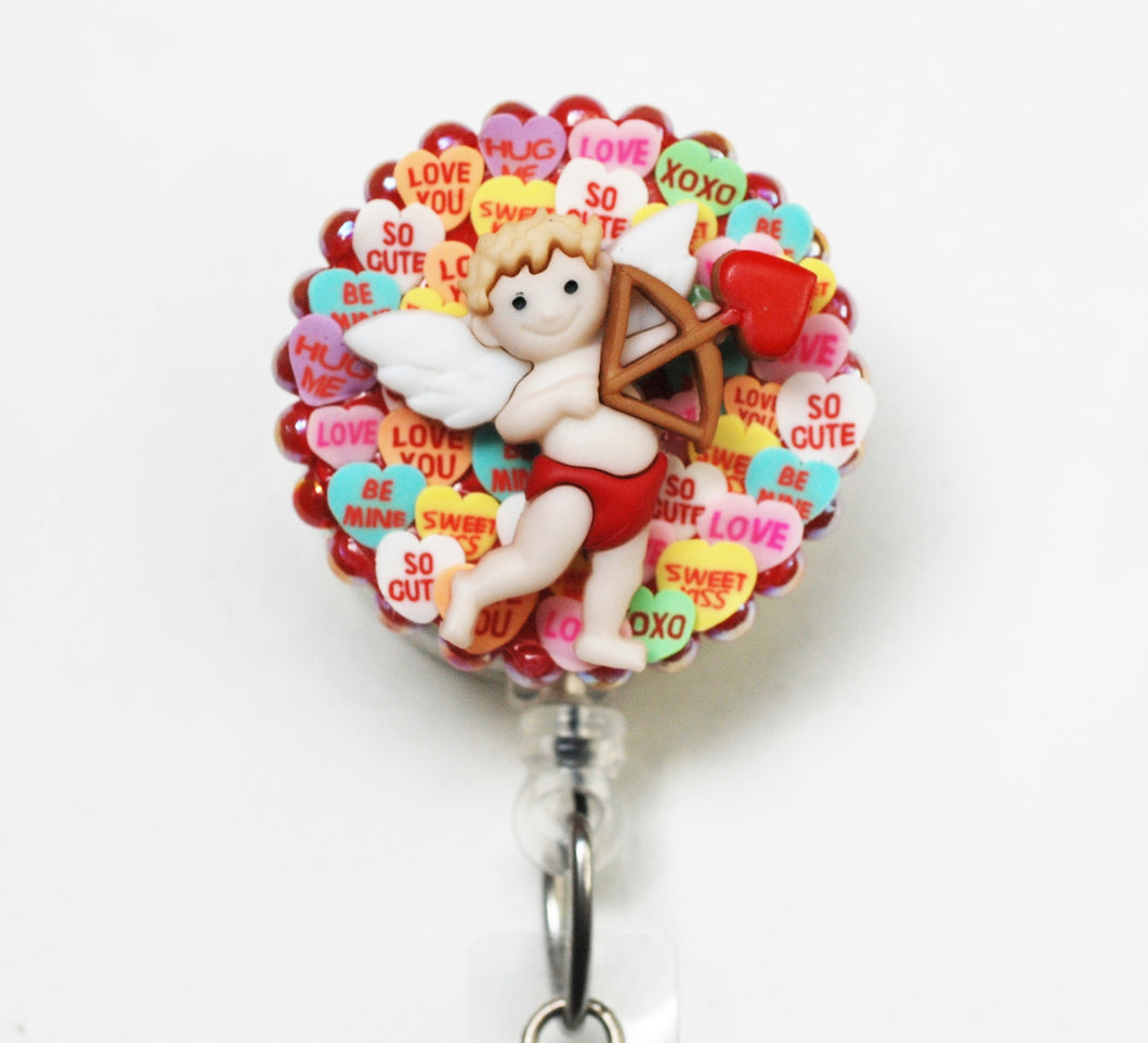 Conversation Hearts Cupid Retractable ID Badge Reel