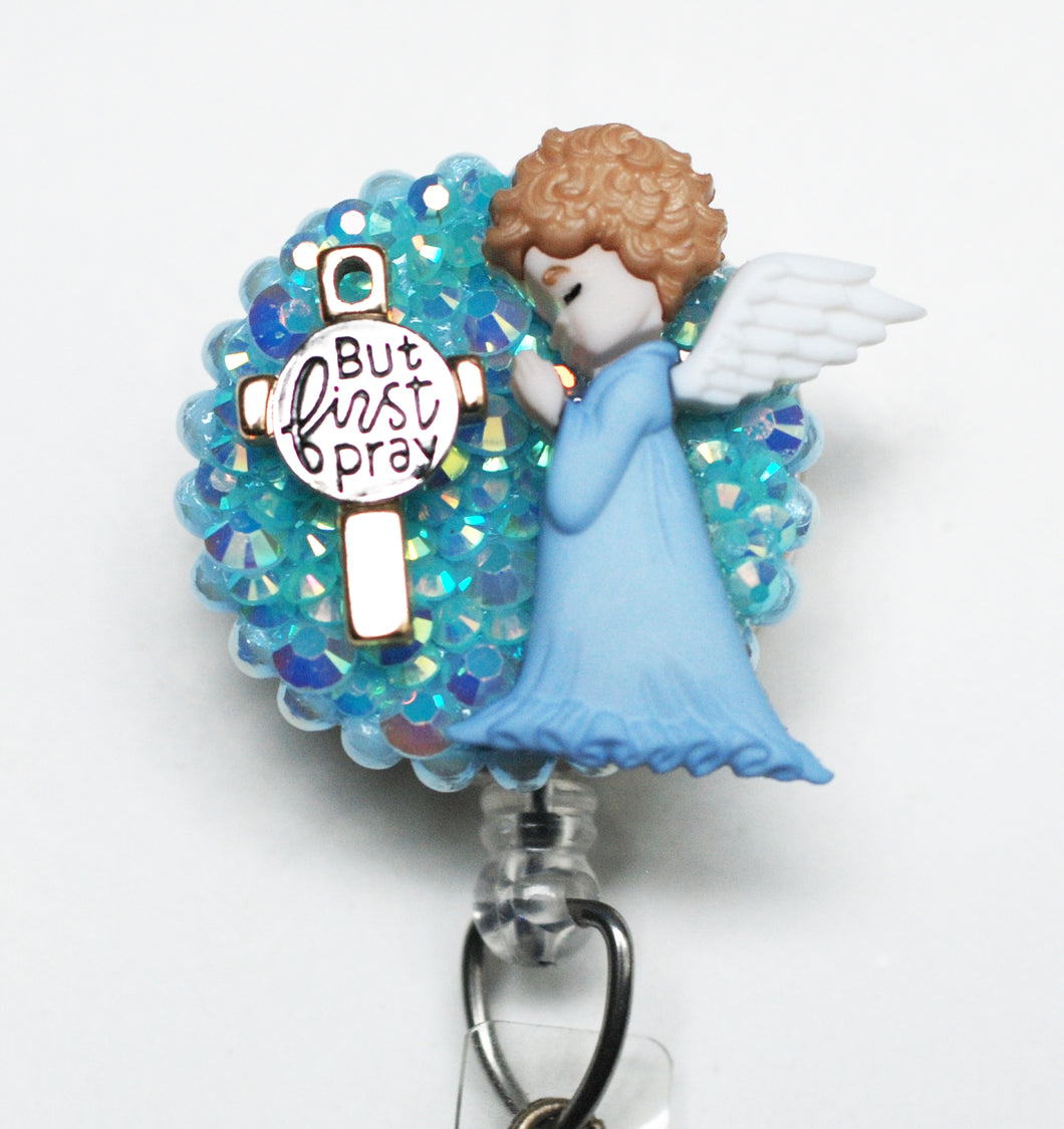 But First Pray Angel Retractable ID Badge Reel