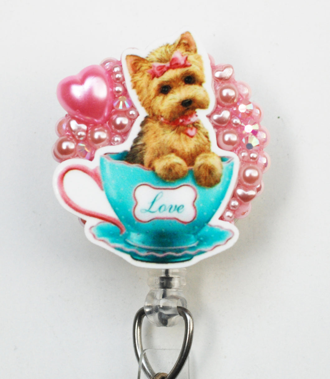 Tea Cup Yorkie Retractable ID Badge Reel