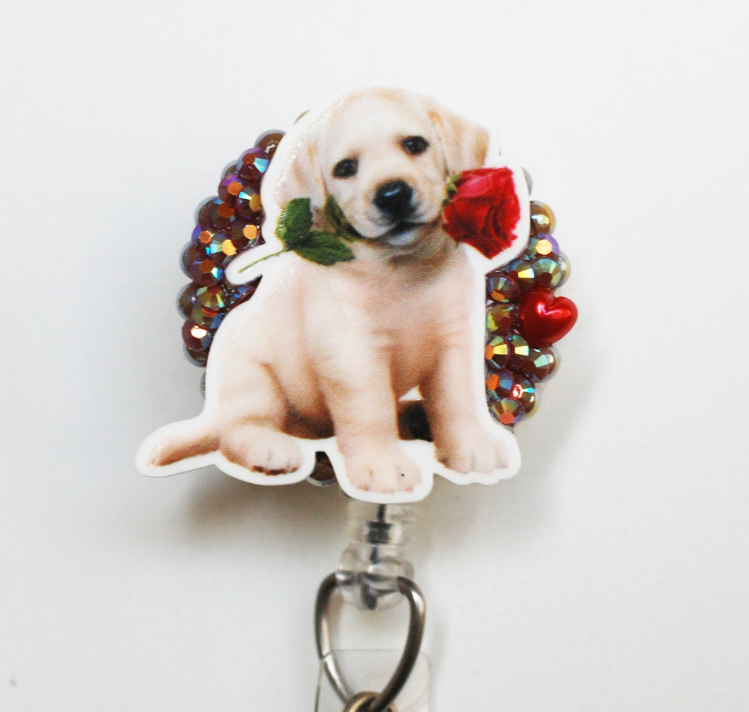 Adorable Puppy With Red Rose In Mouth Retractable ID Badge Reel