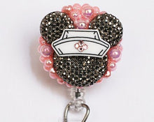 Load image into Gallery viewer, Nurse Minnie Mouse Shimmery Dark Silver On Pink Retractable ID Badge Reel

