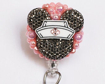 Nurse Minnie Mouse Shimmery Dark Silver On Pink Retractable ID Badge Reel